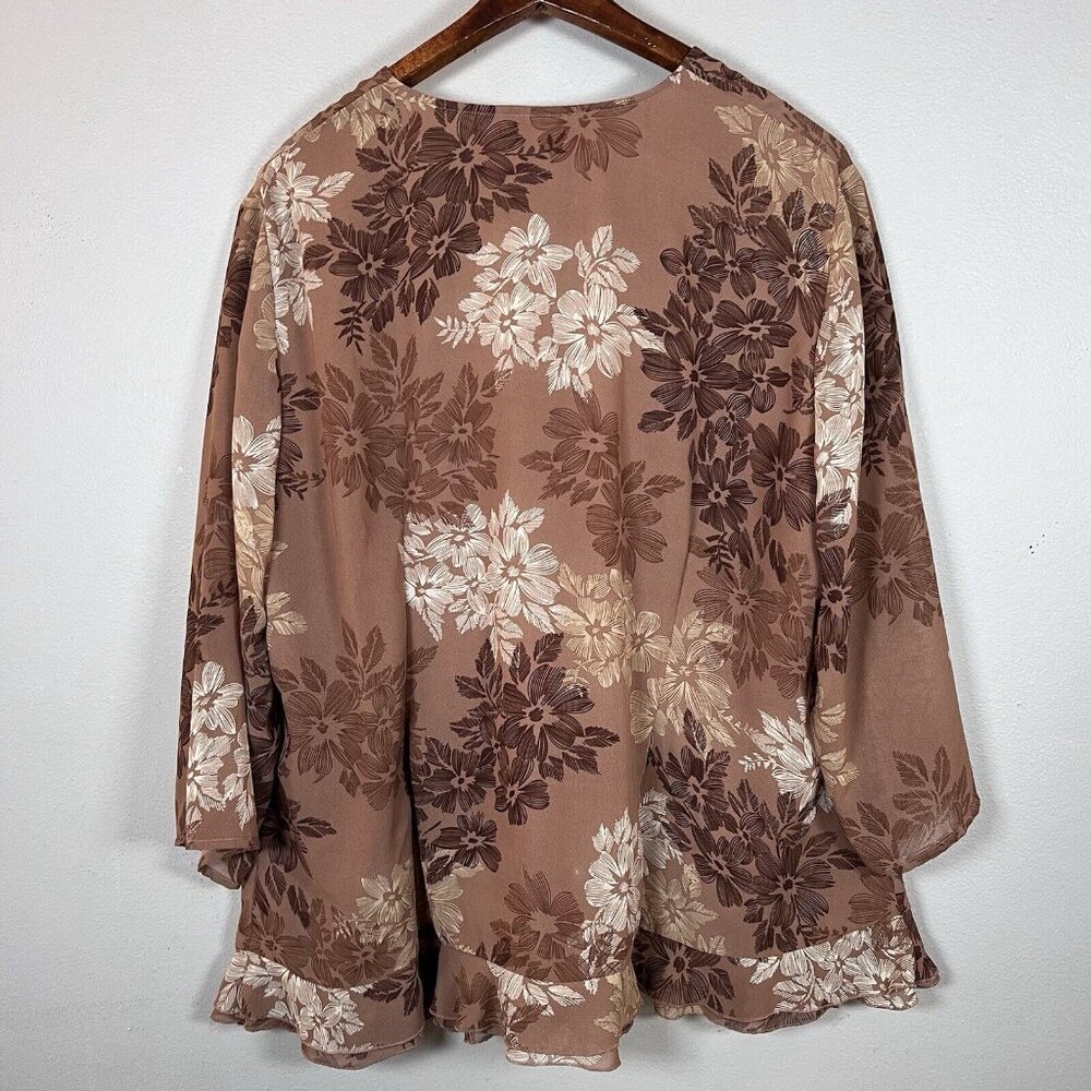 Cato Tunic Blouse Women’s Size 18/20 Brown Floral Long Sleeve Ruffle V-Neck Boho - Picture 10 of 13
